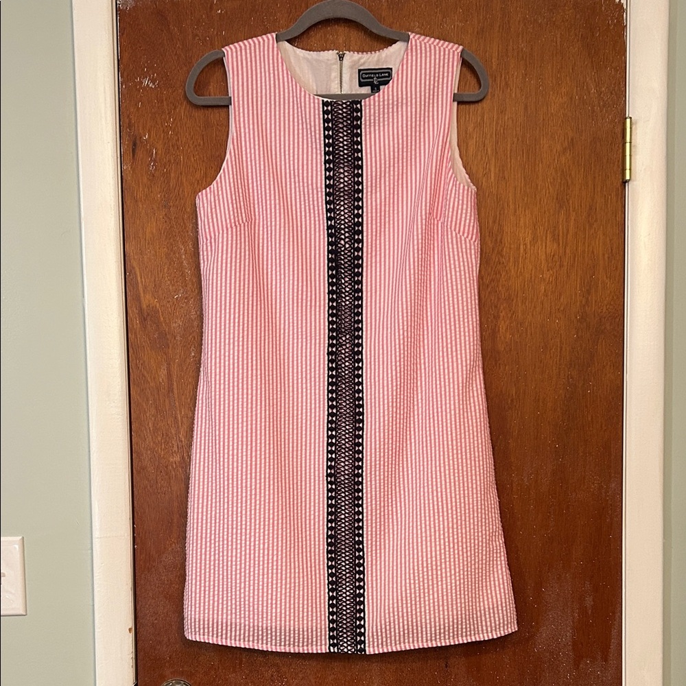 Duffield Lane Pink Seersucker Dress with Lace Detail Sz S